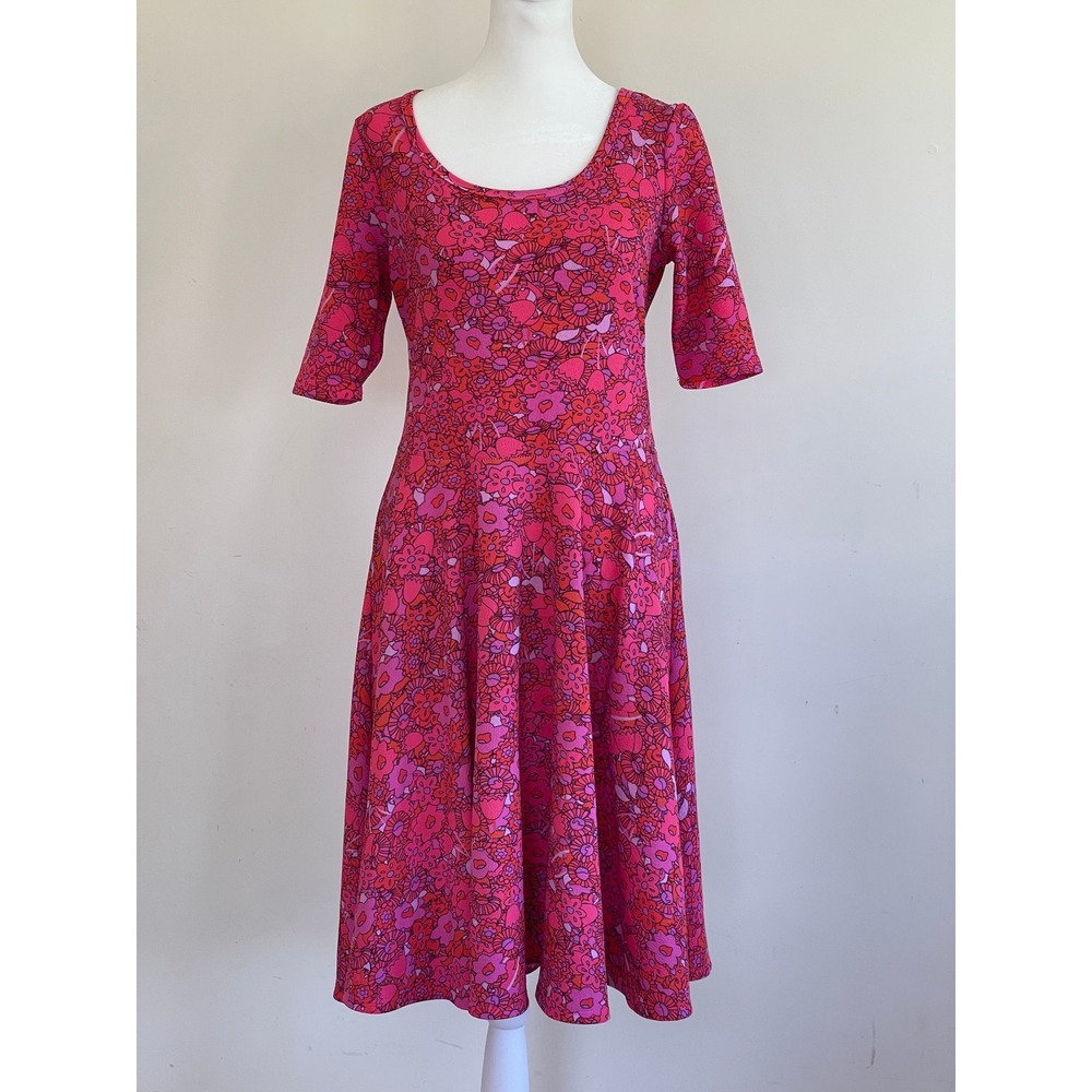 LuLaRoe Nicole Dress Large Pink Red Floral Psychedelic Fit Flare Elbow Sleeve L